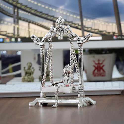Image of KridayKraft Laddu Gopal on Jhulla Palana Metal Statue Gold Plated Metal Krishna Murti Showpiece Religious Figurines Gift Article for Home and Office Table and Car Dashboard Decor