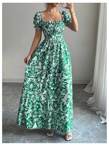 Image of Floerns Women's Floral Short Puff Sleeve Milkmaid Dress Boho A Line Long Dresses