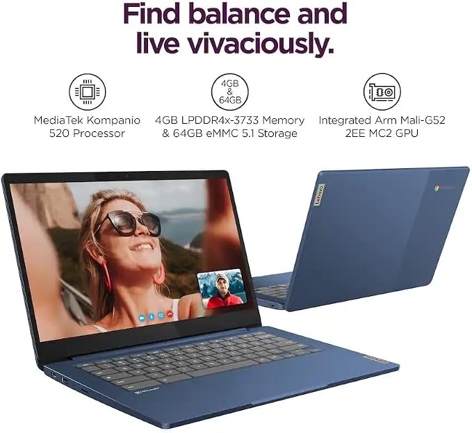 Lenovo 14'' Touchscreen Chromebook, IdeaPad Slim 3, 8-Core MediaTek Kompanio 520, 14″ FHD IPS Anti-Glare, 4GB RAM, 64GB eMMC, 256GB MSD Card, 128GB USB Flash Drive, Chrome OS, WiFi 6, Blue image 2