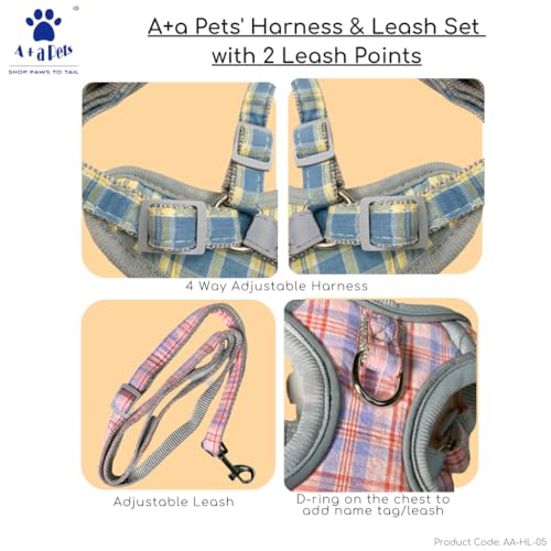 Image of A+a Pets' Harness & Leash Set(Combo) for Cats, Puppies, Small Dogs with 2 Leash Points - Escape Friendly | Night Safety | Reflective Strips |100% Cotton (Blue, XXS)