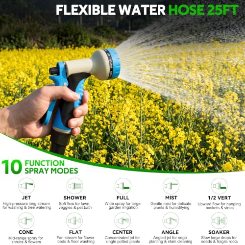 Non-Expanding Garden Hose 25ft w/10 Function Nozzle, Lightweight Water Hose by PUUKU - Used condition - Image 5