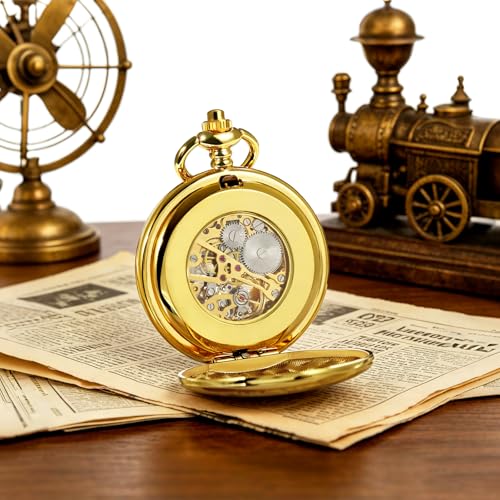 Image of TREEWETO Men's Mechanical Skeleton Pocket Watch for Mens Women Blue Roman Numerals Dial Double Case Pocket Watches