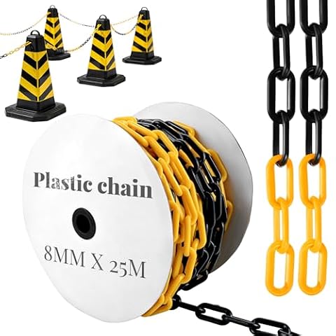 APACALI Łańcuch odcinający 25 m, czarny, żółty, tworzywo sztuczne, grubość 8 mm, łańcuch plastikowy, łańcuch z tworzywa sztucznego do odcinania powierzchni, dobrze widoczny, stabilny i poręczny