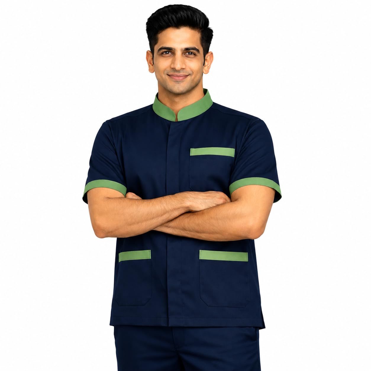 Housekeeping Uniform Set for Hotel | Navy Blue with Olive Green Design | Cotton-Polyester Blend Haff Sleeve with Button Closure Uniform for Men-image-49