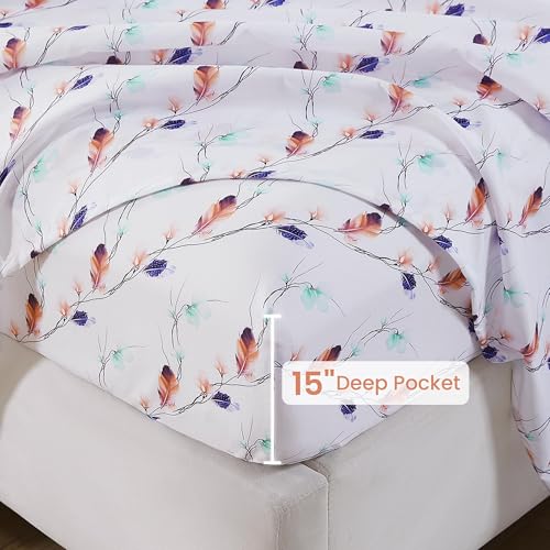 Image of Softan Floral Twin Sheet Set, 3-Piece Cozy Microfiber Pastel Blooms Printed Fitted Bed Sheet with 15 inch Deep Pockets & Non-Slip Straps, Feather Patterned Sheets & Pillowcase Set