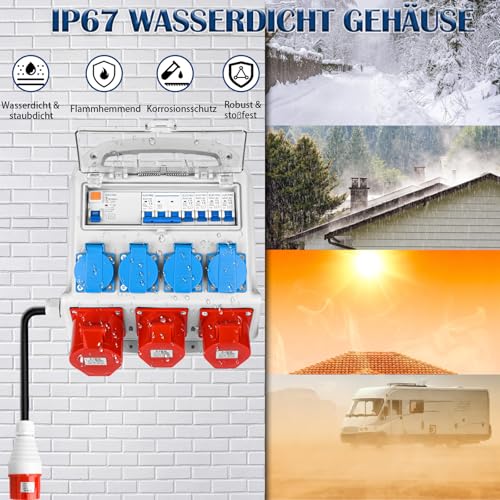 Warmfay Wandverteiler Vorverkabelt Stromverteiler, 4x 230V Schuko Steckdosen + 2x CEE 16A + 1x CEE 32A, Baustromverteiler mit FI-Schalter und LS Schalter, IP67 Wasserdicht Gehäuse für Innen und Außen