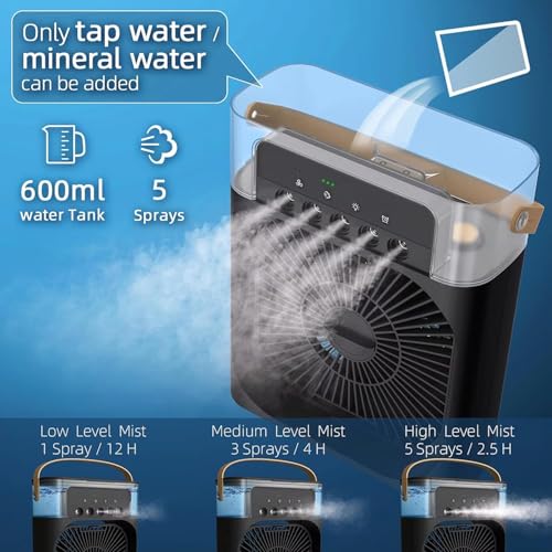 Image of Drumstone (𝐒𝐩𝐞𝐜𝐢𝐚𝐥 𝟏𝟓 𝐘𝐞𝐚𝐫𝐬 𝐖𝐚𝐫𝐫𝐚𝐧𝐭𝐲) USB Mini Air Cooler Fan with Mist Spray, 3 Speed Portable Desk Fan, 7 Color LED Light and Timer for Home Office Use
