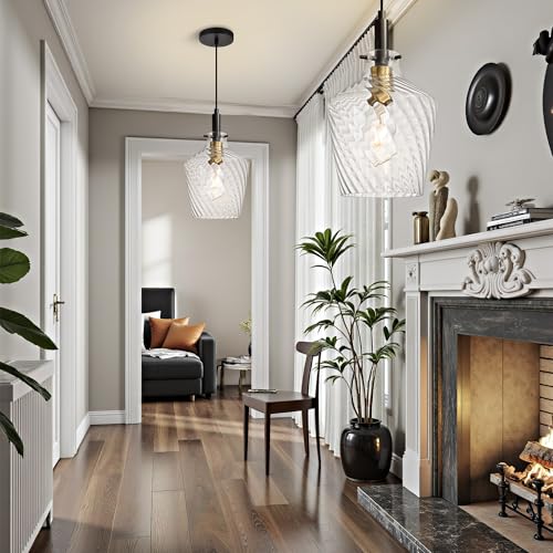Image of Stripes Clear Glass Pendant Light for Kitchen Island Black Gold 8 Inch | Adjustable cord Dimmable, E26 bulbs, Rust-resistant Damp Rated For Bathrooms, 5-Year Manufacturer Warranty, UL Certification