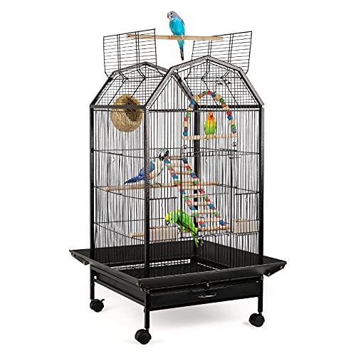 Lilithye Bird Cage Open Top Standing Parrot Parakeet Cage with Rolling Stand Large Metal Bird Flight Cage for Conure Parekette Cockatiel Finch Macaw Cockatoo Pet House,Black,Height 34 inch