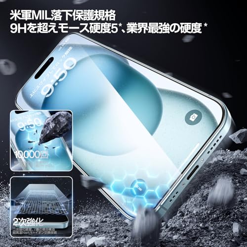 「画期的なガイド枠」SmartDevil ガラスフィルム iPhone 15 用 保護フィルム 超簡単貼り付け 米軍MIL規格 落下保護 気泡ゼロ 滑らかな手触り 指紋防止 アイフォン15 用 強化ガラス 2枚セット