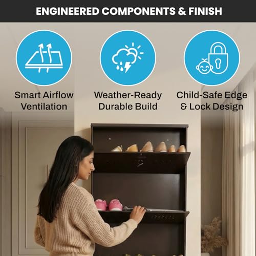 Image of Skywave Luxury Wall Mounted Metal Shoe Rack for Home - 3 Shelf, Holds Up to 25 Pairs | Central Locking Shoe Cabinet | Space Saving | Heavy Duty Steel | 3 Year Warranty (Coffee Brown, 26 Inches)