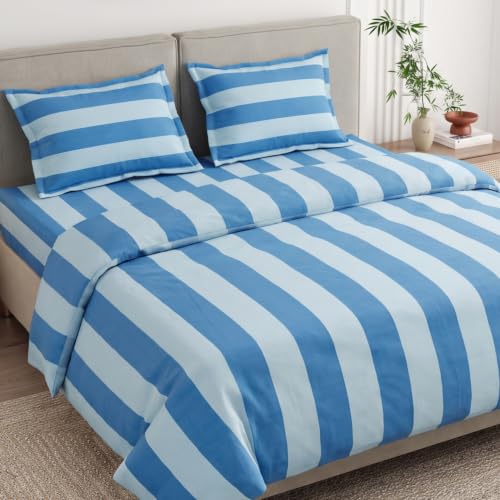 Image of Haus & Kinder Double Bed Bedsheet 90 x 100 | 186 TC Pure Cotton Bed Sheet Double Bed with 2 Pillow Covers | Queen Size Bed Sheet | Asagi Stripe Traditional Blue-Green
