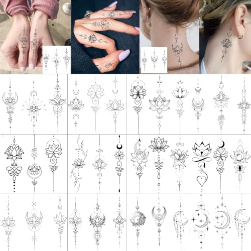 Image of Bilizar 12 Sheets Lotus Crescent Arrow Temporary Tattoos For Women Adults Finger Hand Neck Tattoo Sticker, Realistic Crescent Lotus Chain Pendant Fake Jewelry Tattoos Long Lasting Body Art Temp Tatoos