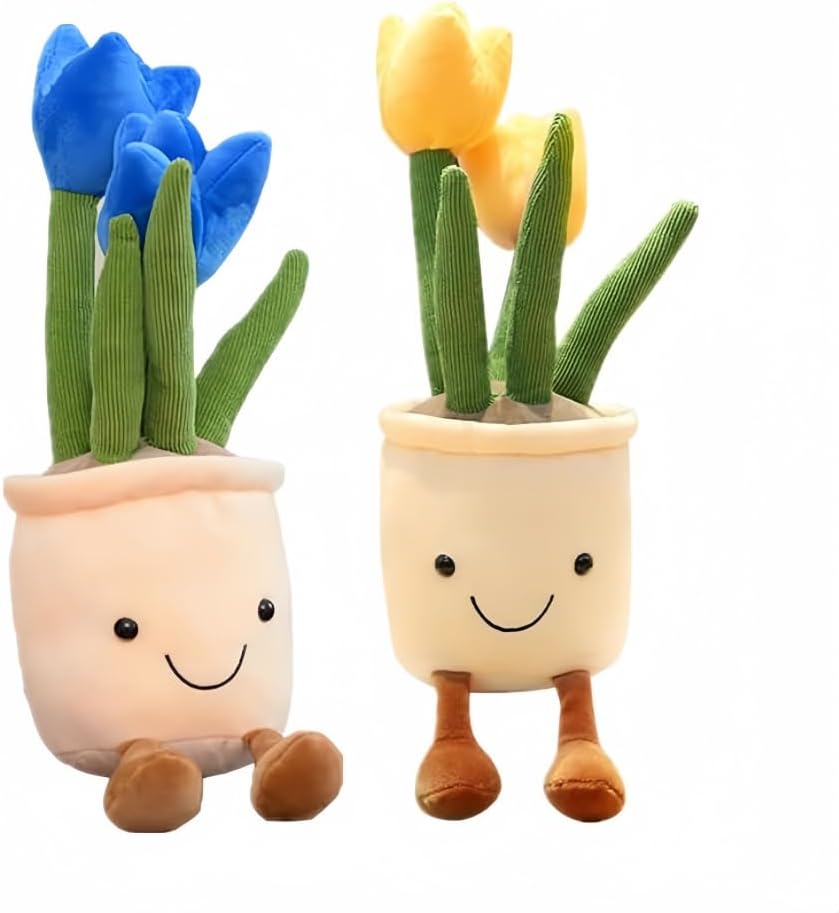 2Pack Tulip Plush Toy 13" Succulent Flower Pot Plush Pillow Toy Stuffed Throw Plushie Pillow Doll for Office and Kids Room Decorate,Blue+Yellow