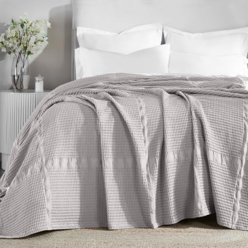 SUPERIOR Waffle Weave Cotton Blanket, Comfy Blanket for Bedroom Decor, Picnic, Beach, Traveling, Bedding Essentials, Bed Cover, Couch, Lounging, Geometric Design, Mai Collection, King, Platinum