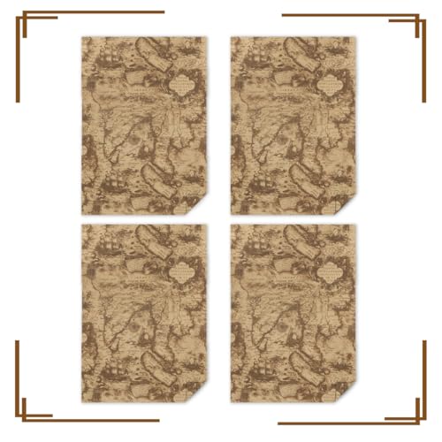 Geschenkpapier im Vintage-Stil, antikes Retro, braun, geheimnisvoller antiker Ozean, Meer, Fernost, Weltkarte, Segelboot, nautisches Braun, Kraftpapier, flach gefaltet, 4 Bögen, 50 x 70 cm, für