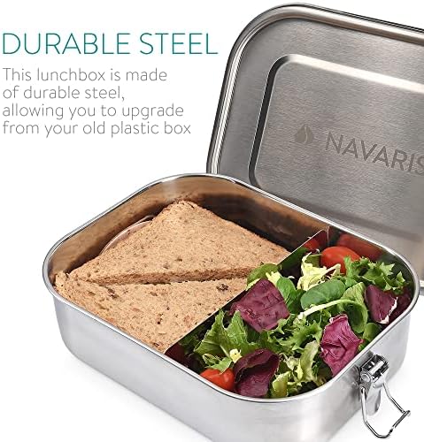 Navaris Steel Lunch Box with Divider - 800ml Stainless Steel Sandwich, Snack, Lunch, Food Storage Container - Leakproof Bento Box with Divider, Bag