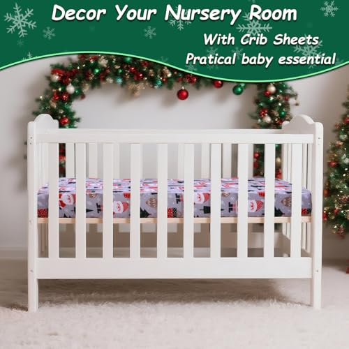 Image of Christmas Crib Sheet, Baby Fitted Crib Sheet with Santa Claus, Christmas Trees, Gifts, Measuring 52 inch x 28 inch to fit Standard Crib and Toddler Mattresses, Grey
