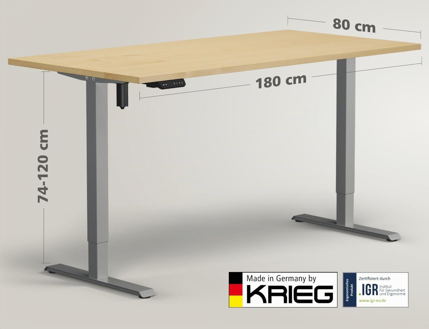 KRIEG HighDesk SMART Höhenverstellbarer Schreibtisch 180 x 80 cm I Silber + Ahorn - Elektrischer Sitz- & Stehtisch mit Tischplatte - Stehschreibtisch Elektrisch Höhenverstellbar