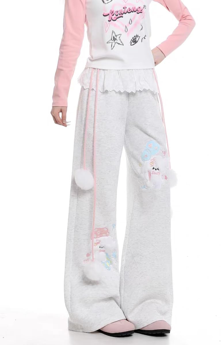 Women Y2k Kawaii 3D Plush Puppy Embroidery Sweatpants Harajuku Cutecore Lace Trim Bow Tie Baggy Casual Wide Leg Joggers