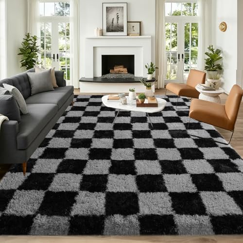 Rezutan Fluffy Plush Shag Rug, Checkered Black Grey, 6x9 Ultra Soft Rug for Living Room Bedroom, Non-Slip Fuzzy Area Rug for Living Room, Carpet for Girl Boy Kids, Modern Indoor Home Decor Aesthetic
