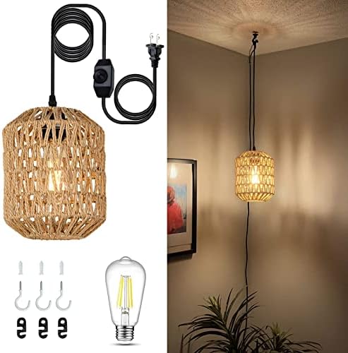 Plug in Pendant Light with LED Bulb, Rattan Hanging Lamp with 16ft Dimmable Cord, Hand Woven Wicker Plug in Chandelier, Boho Hanging Lights Fixture with Plug in Cord for Bedroom Hallway Foyer