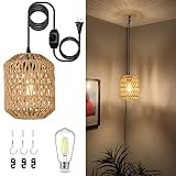 eyassi Plug in Pendant Light with LED Bulb, Rattan Hanging Lamp with 16ft Dimmable Cord, Hand Woven