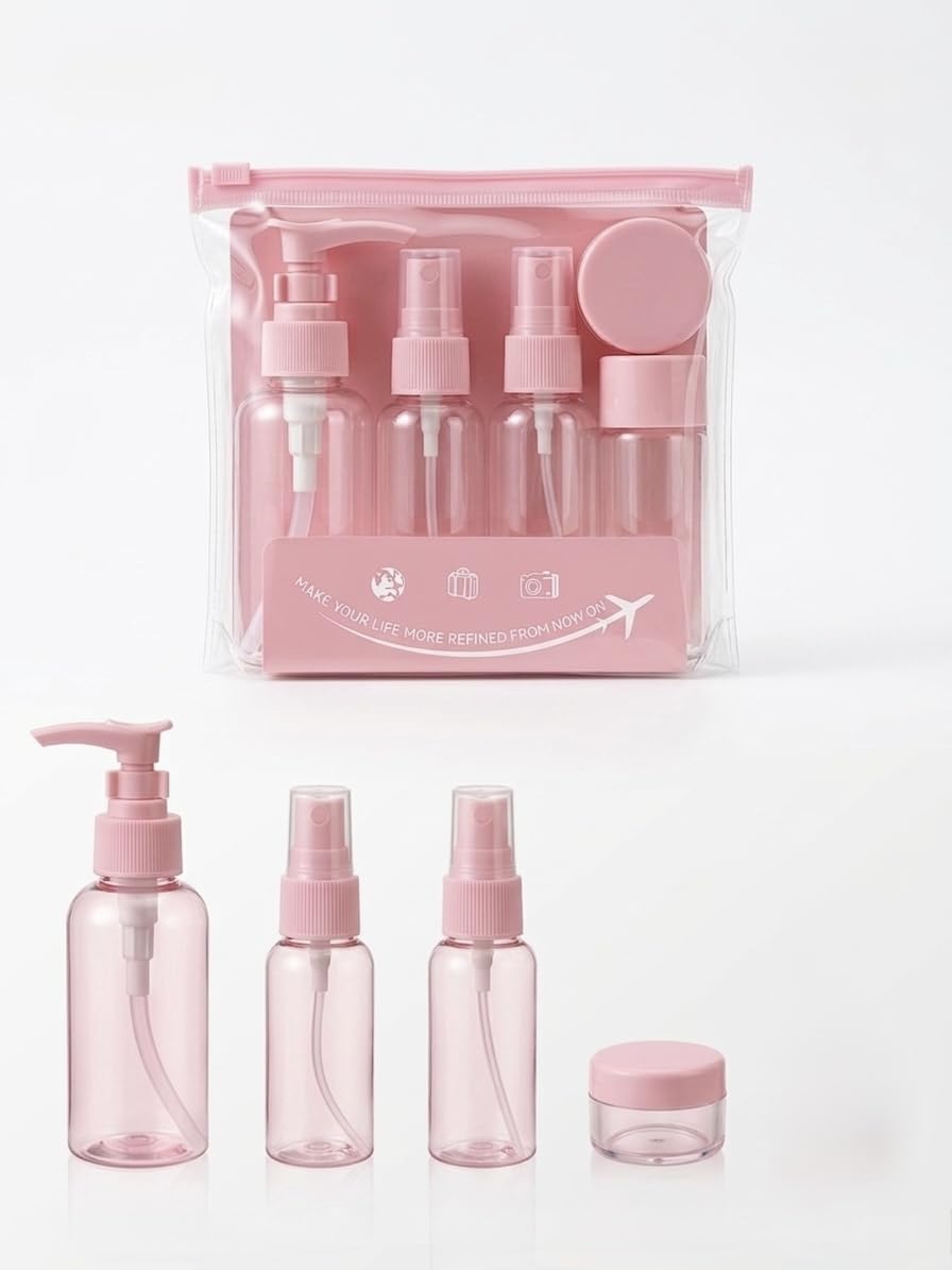 Travel Size Cosmetic Bottle Set, 5-Piece Plastic Spray Packaging, Pink, Refillable Containers for Personal Care, Lotion, Skincare (Pink)-image-16
