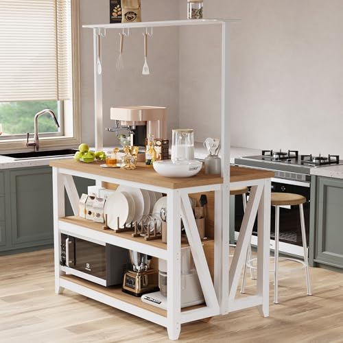GarveeHome Wooden Kitchen Island with Power Outlet & LED Lights, Bakers Rack with Storage, Large Kitchen Island Table with 3 Tier Microwave Stand Oven Shelf, Coffee Bar Table with 6 Hooks, White
