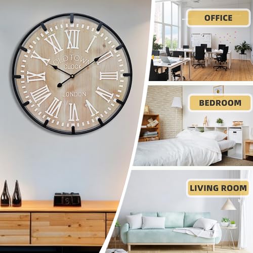 Large Farmhouse Rustic Wooden Wall Clock with Metal Frame and Large Engraved Numbers，Oversized Silent Retro Metal Wood Face Decorative Clock for Office Kitchen Bedroom Living Room (White, 30 inch) - image 2