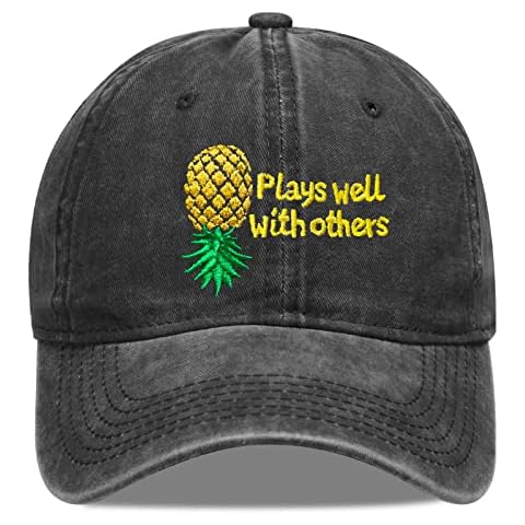 Plays Well with Others Embroidered Baseball Hat Upside Down Pineapple Baseball Cap Adjustable Embroidery Denim Hats, Black, One size Cover