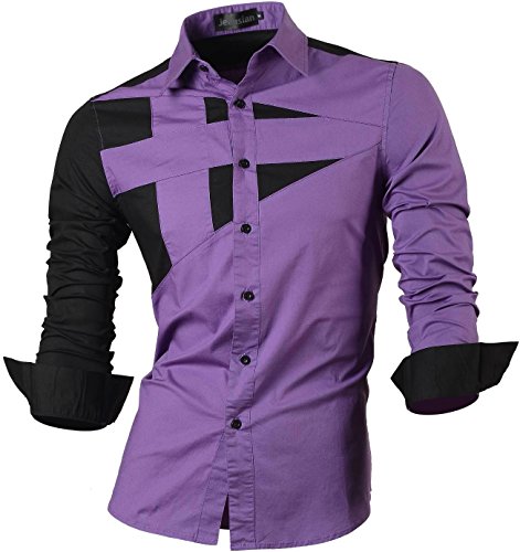 jeansian Men's Slim Long Sleeves Casual Button Down Dress Shirt 8397 Purple XXL