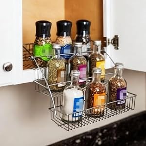 3-Tier Pull Down Spice Rack Organizer, Drop Down Spice Bottles Rack Shelf, Inside Cabinets Step Storage Holder for Cabinet/Pantry, Easy Reach for Upper Kitchen Cabinet (Silver)