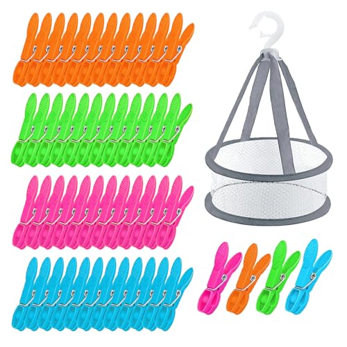 Rongrongago 48 Piezas Pinzas Ropa, Molas Roupa con Cesta de Almacenamiento, Plástico Colorido Pinzas Ropa Que no Dejan Marca, Resistente al Viento y Antideslizante para Ropa, Calcetines, Toallas