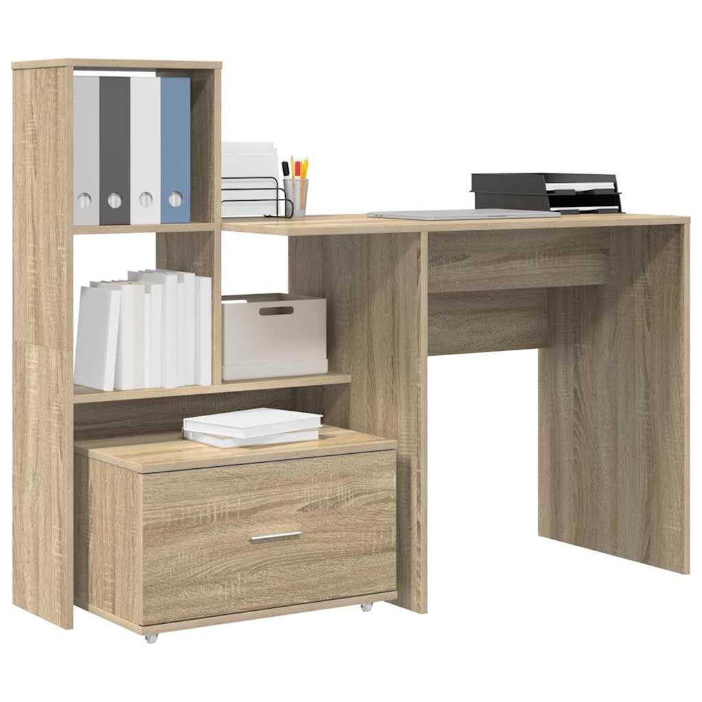 Scrivania in legno ingegnerizzato Rovere Sonoma con cassetto e ripiano, tavolo scrittoio per computer e gaming, postazione lavoro salvaspazio per ufficio, studio, casa e smartworking