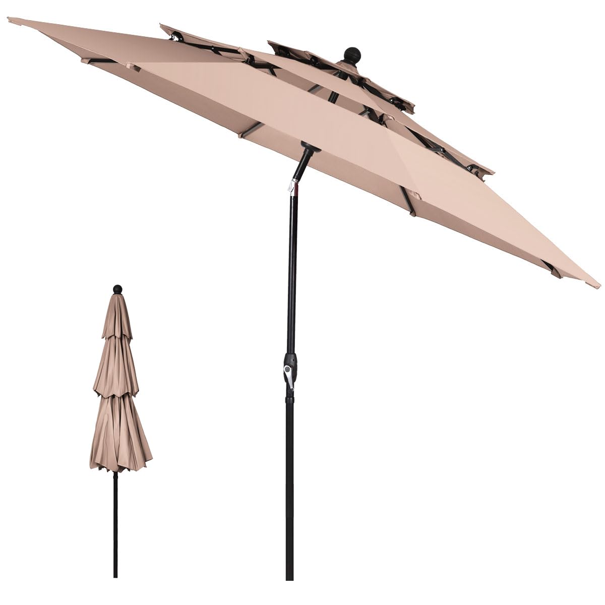 GOPLUS Sombrilla de 300 cm de diámetro, sombrilla de 3 capas con mecanismo de 8 costillas y manivela, sombrilla de jardín inclinable con protección solar para balcón, playa y piscina