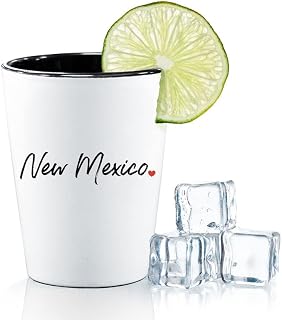 New Mexico Ceramic 1.5 Ounce Souvenir Shot Glass - White With Black Interior - Bachelor & Bachelorette Party Favors - Bridesmaid & Groomsmen Present - NM Home State Decoration