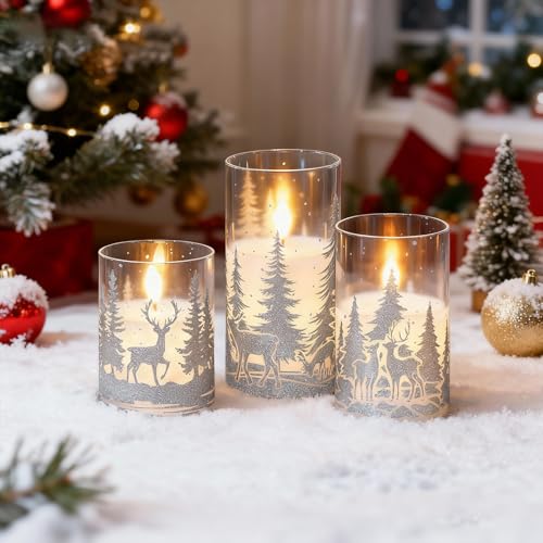 Image of Christmas Flameless Candles with Silver Reindeer Decals, 3 Pack LED Glass Battery Operated Candles with Remote Timer, Pillar Candles with Deer and Tree Pattern for Christmas Winter Decor