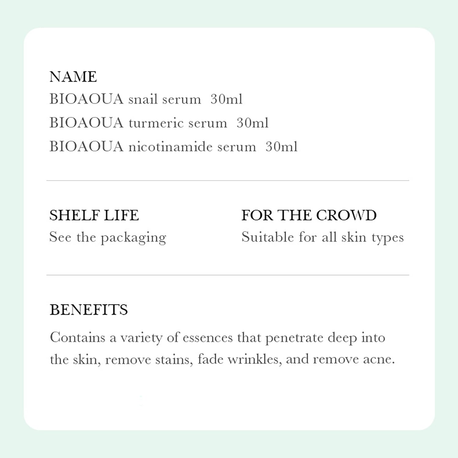 BIOAQUA 3in1 Facial Serum Combination Set Moisturizing Nicotinamide Turmeric Snail Secretion Anti-Oxidation Hydrate Anti-Wrinkle Tender Face Skin 3x 30ml / 1fl.oz