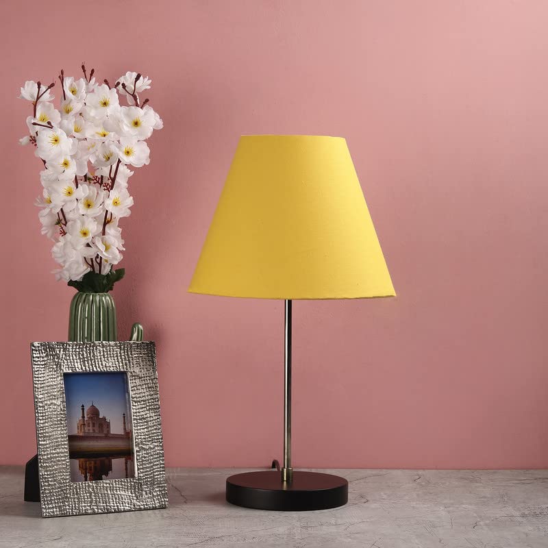 Image of Silver Table Lamp with Handmade Conical Yellow Shade, Minimalist Design, for Couple Dinner /Coffee Table /Restaurant /Bedroom, On /Off Switch Long Wire