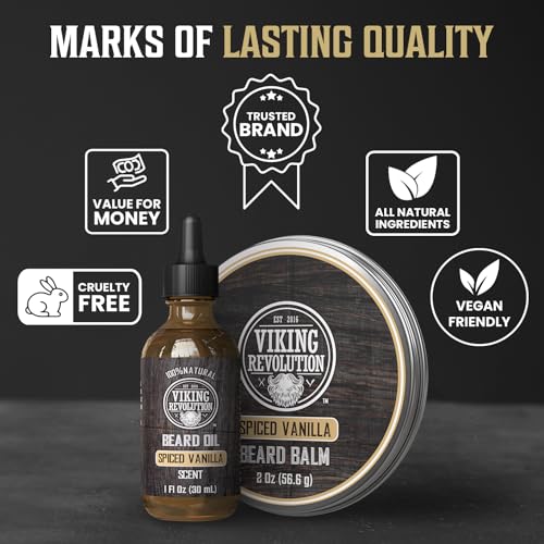 Image of Viking Revolution Beard Balm and Beard Oil Bundle - Spiced Vanilla | Includes 2oz Beard Balm & 1oz Beard Oil - Infused with Argan & Jojoba Oils - Deeply Moisturizes & Hydrates Dry Facial Hair