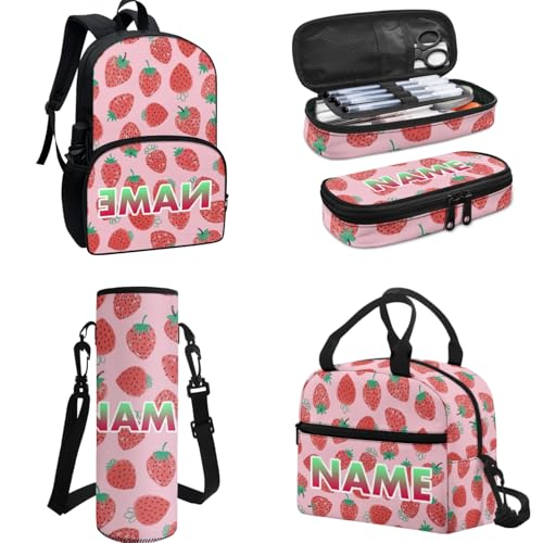 Red Strawberry Student Backpacks, Cartoon Fruit School Bookbag for College Laptop Backpack, Pink Lunch Bag Water Bottle Holder 4 Set Pen Bags2