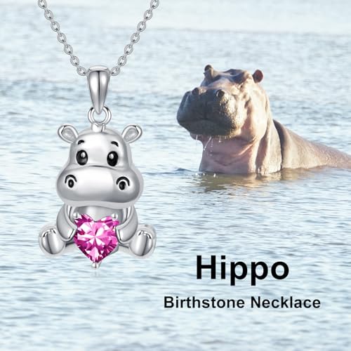 Image of PROESS Animal Birthstone Necklace 925 Sterling Silver Otter /Axolotl /Hippo /Elephant /Dachshund /Monkey /Red Panda Pendant Necklace Animal Birthstone Jewelry Gifts for Women