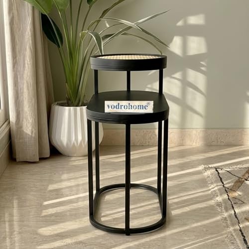 Image of Charcoal Rattan Cane Side Table with Glass top - Bohemian Solid Mango Wood Cane Iron Sofa Side end Table - Wood and Cane Nesting Table S#046 (Charcoal Black 3)