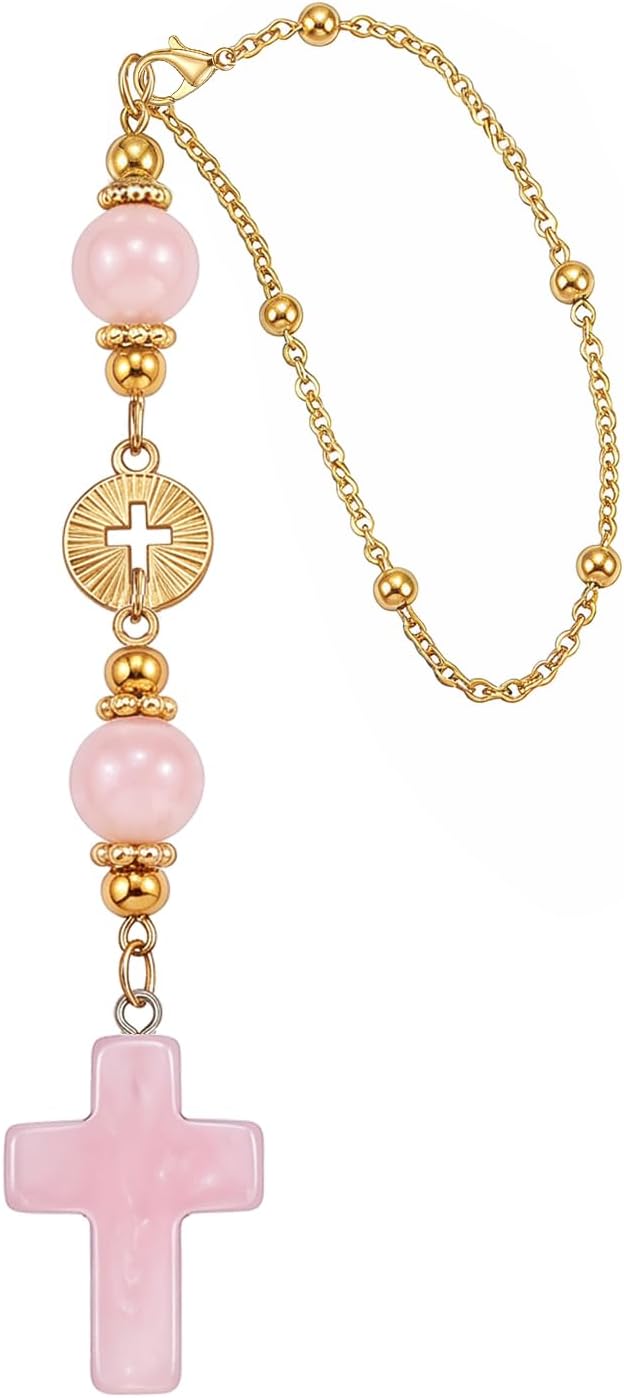 Crystal Cross Rearview Mirror Pendant, Rose Quartz Crucifix, Catholic Gift