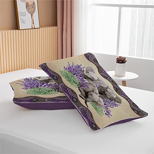 Bedmust Elephant Duvet Cover Set Twin Size, Lavender Wild Animal Elephant Comforter Cover Set, 3 Pieces Boho Purple Elephant Bedding Set With 2 Pillow Shams #TOP5