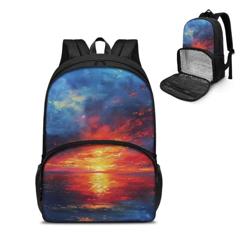 Sunrise SeaScape Oil Painting Backpack and Lunch Bag Kids School Sunup Hand Drawing Bag Pack for Teens Students Boys Girls School Sport Travel