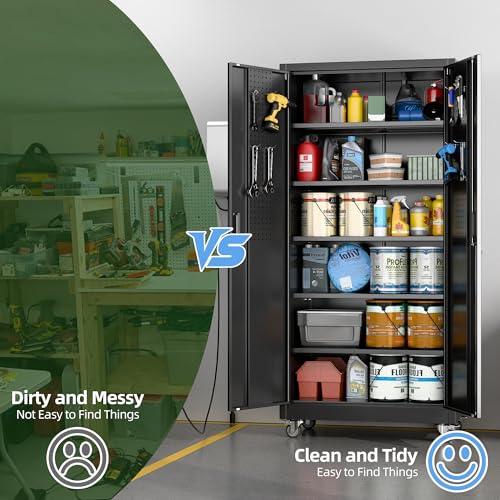 Image of Aobabo Black Metal Garage Storage Cabinet with Wheels, 34 inchW x 18 inchD x 71 inchH
