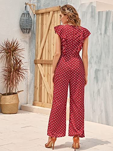 Wdirara Women's Polka Dots Ruffle Cap Sleeve Round Neck Wide Leg Romper Jumpsuit Burgundy L #TOP1