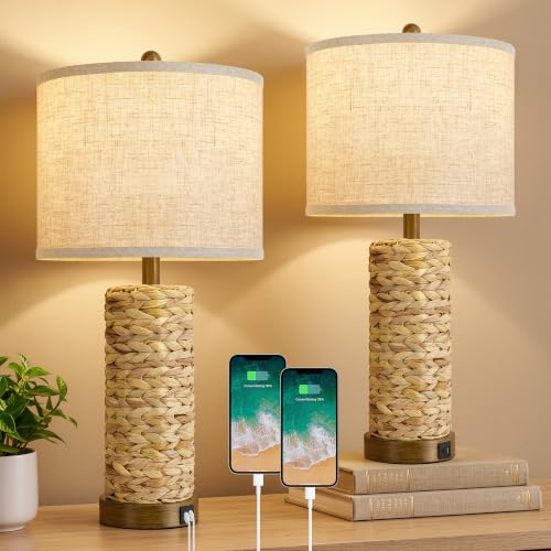 GyroVu Rattan Table Lamps Set of 2, Bedside Lamps for Bedroom Nightstand by GyroVu - Used condition - US$69.99